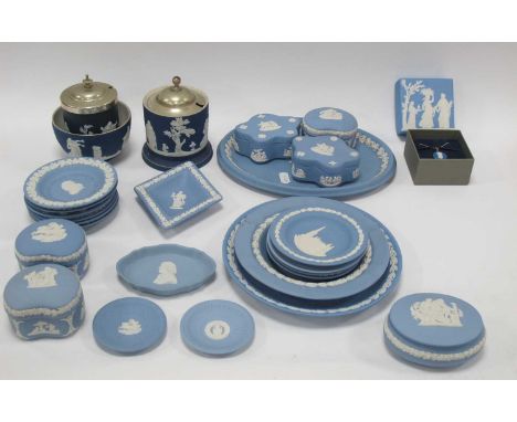 Wedgwood Powder Blue Jasper Ware, twenty-four pieces including Moon Landing plate, oval trinket dish 25cm wide, lidded boxes,
