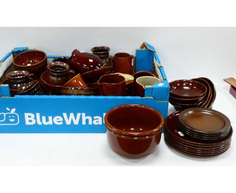 Two Boxes of Brown Glazed Tea and Dinner Ware, including: some by Denby, Prinknash, etc - tankards, mugs, bowls, plates etc n