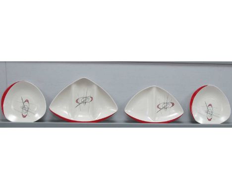 Carlton Ware 'Orbit' Triform Three &amp; Two Sectional Dishes, the widest 32.5cm, a pair of similar plates (4).