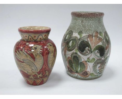 Baffoni Gubbio Italian Studio Pottery, vase featuring mythological birds on a red ground 14cm tall, Glyn Colledge Denby examp