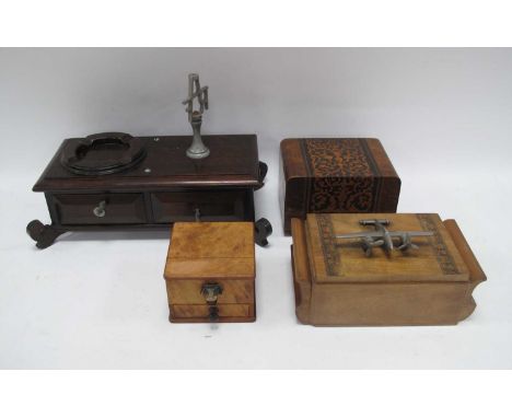 XX Century Walnut Marquetry Inlaid Musical Cigarette Dispenser, cigarette dispenser with an applied plan on the lid, etc:- On