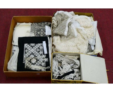 Hand and Machine Made Lengths of Lace, often made for nuns garments:- Two Boxes