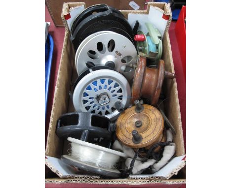 Fishing Reels - Shakespeare 'The Aerial 2890', Strike Right Featherflo, two early XX Century wooden and brass, etc (8).