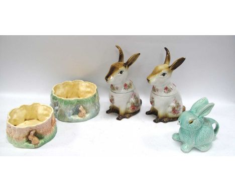 Sylvac Bowls Decorated with Elves, Rabbits. Ironstone biscuit barrel in the form of a rabbit, and a bunny jug, etc:- One Tray