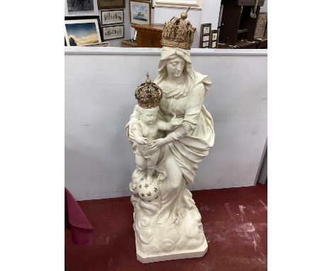 A Plaster Statue of Madonna and Child, both wearing gilt stone set crowns, the child standing on a sphere with stars, 150cm h