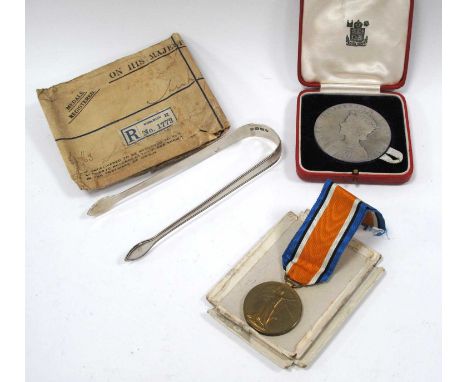 WW1 Victory Medal, Pte W.H. Robinson A.S.C. 1937, Coronation Medal, silver hallmarked sugar nips.
