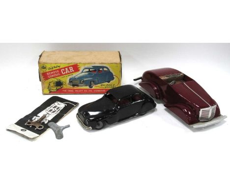 A Circa 1950s Boxed "Chad Valley" Remote Control Car With Key, plus another wind-up tinplate car with key