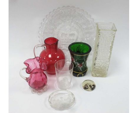 Overlaid Green Glass Vase, 12cm high, cranberry jugs, bark vase, etc:- One Tray.