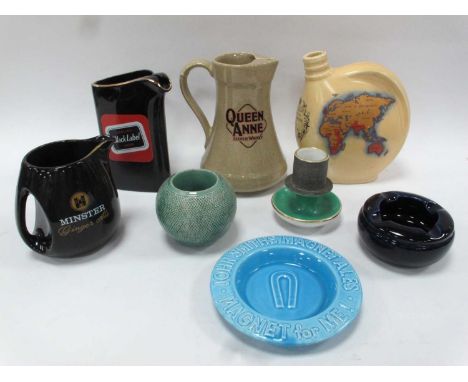 Crown Ducal Advertising Emu Australian Wine Flask, Lonsel's patent match striker, Wade, Queen Anne. Scotch Whisky water jug, 