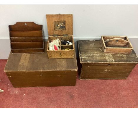 A XIX Century Painted Pine Box, 43cm wide; together with one other box, a cutlery tray, sewing box and letter rack. (5)