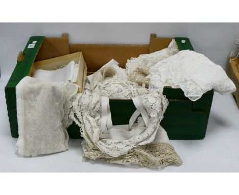 A Collection of Vintage Mainly Handmade Lace, of various types and lengths, some with a religious theme:- One Box