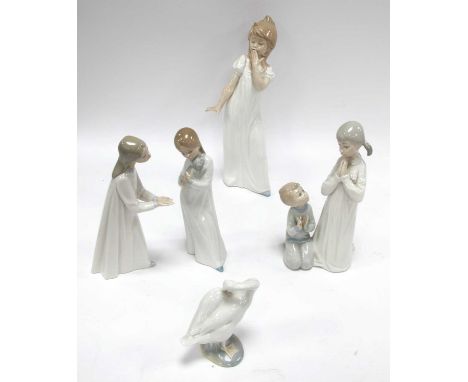 Lladro Figure of Young Children Praying, another of a young girl and a goose and two Nao figures:- One Tray.