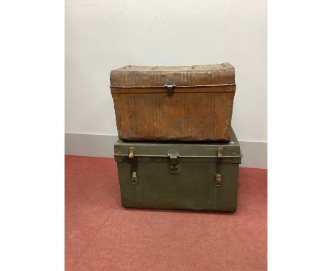 A XIX Century Green Painted Tin Trunk; together with a brown painted tin trunk. (2)