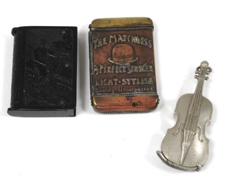 The Matchless - A Perfect Striker Light Sylish Vest Case, in copper and brass. Metal violin and ebonised cycling examples (3)