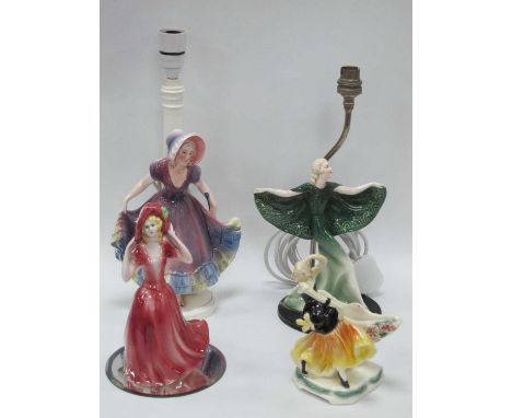 Art Deco Table Lamp of Lady Dancing with Butterfly Wing Sleeves, mounted on a base, 34cm high, one other table lamp, etc:- On
