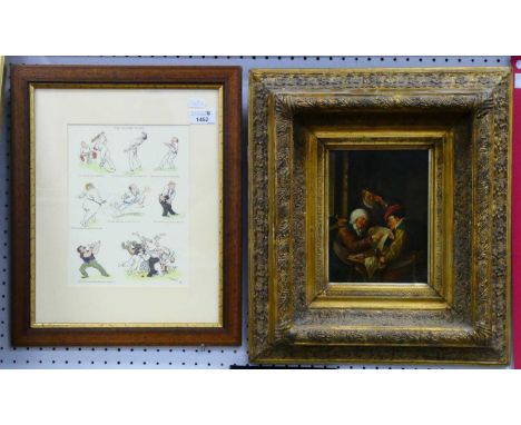 XIX Century School, room interior with three people studying a document, oil painting on tin, 19.5 x 14.5cm, later framed, 'O