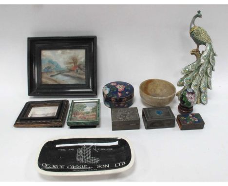 Wool Work and Needlework Pictures, Cloisonne box, matchbox and egg. Pewter topped items, Cassie &amp; Son of Aberdeen ashtray