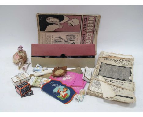 Mercer-Crochet Balls in Box, by J &amp; P, Coats, crochet charts, pins in original boxes, Philips bias tape, pin cushion doll