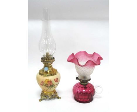 Royal Worcester Oil Lamp with Brass Fittings and Cranberry Tinted Shade, cranberry chamber oil lamp (2).Cranberry shade with 