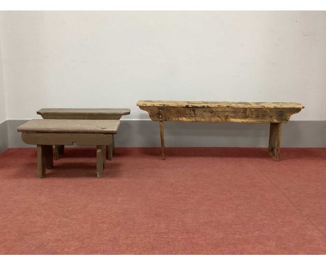 A Rustic Pine Bench, 130cm long; together with two painted stools. (3)