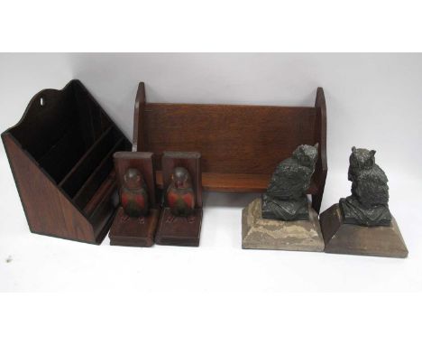 A Pair of XX Century Spelter Bookends of Owls Sat on Books, on mineral bases, oak book rack, oak letter rack, etc:- One Tray.
