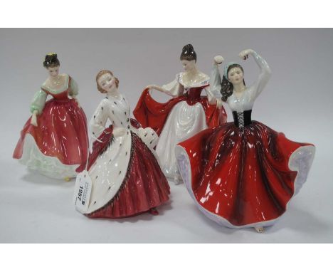Royal Doulton Figures 'Sara', Karen', 'Fair Lady' (red) and 'The Ermine Coat' (4).