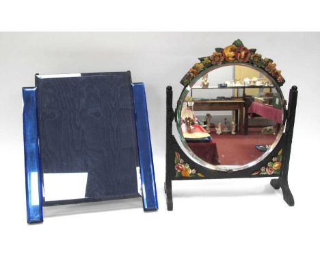 Art Deco Freestanding Photograph Frame, with blue glass side strips and ebonised back, 28.56cm wide. A barbola mirror (2).CIR