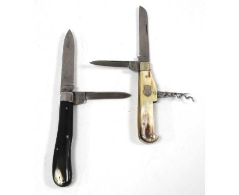 Penknives: two polished hornscale handle examples, one Abram Brookshank Sheffield with two blades, punch and corkscrew and an