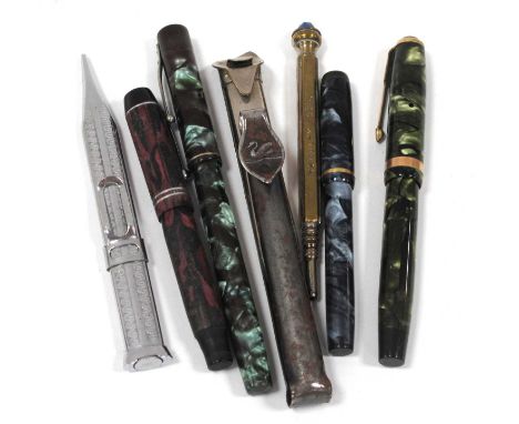 Mentmore, Waterman, Conway Stewart, 'Dinkie' Ink Pens, having 14k nibs. Parker Duofold example. 1924 British Empire Exhibitio