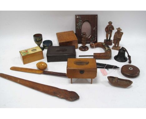 Treen Egg Thimble Holder, carved wooden figures, burr wood box. N.Y.K line M.S Asama Maru Bell 6cm high, etc:- One Tray.