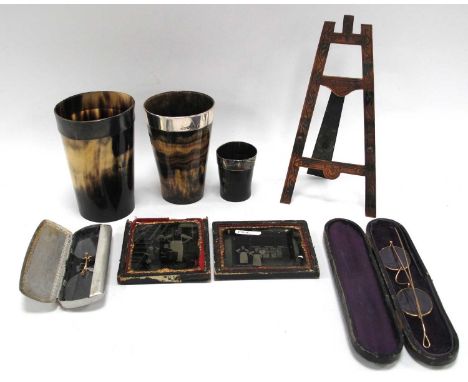 Three XIX Century Horn Beakers with Silver Rims, two pairs of spectacles cased, early XX Century photographs, oxidised copper