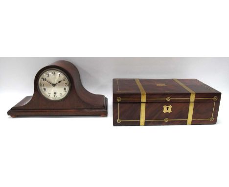 Late XIX Century Mahogany Writing Slope with decorative brass inlay, a Napoleon sytle mahogany Westminster chimes mantle cloc