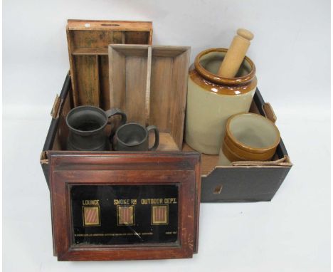 Edwardian Servants Signal, storage jars, XIX Century cutlery tray, XIX Century pewter mug, etc:- One Box.