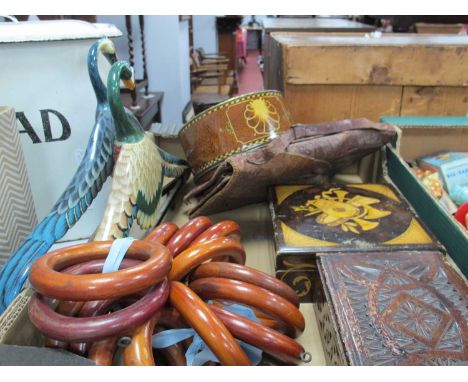 Two Painted Bird Themed Coat Hangers, wooden boxes, tin, reptile skin bag, curtain rings:- One Box.