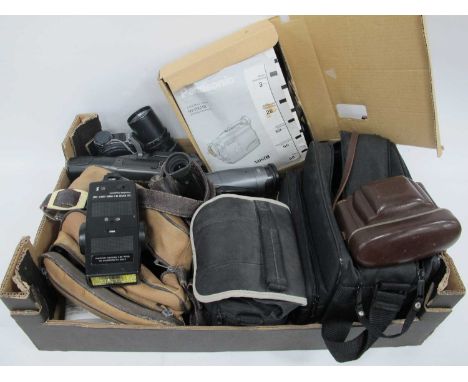 Cameras - Ilford, Panasonic Slim Palmcoder Explorer Camcorder, Photax Lens, etc:- One Box.