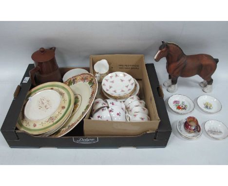 Rose Pattern Teaware, Beswick shire horse (damages), Lovatts hot water jug, Devon tongue dish, etc:- One Box.