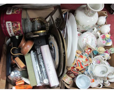Noritake Teapot, Oriental vases, other ceramics, binoculars, books, brass plaques, etc:- Two Boxes.