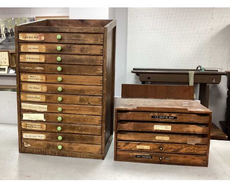 A Table Top Letter Press Printers Cabinet, with twelve drawers, 36cm wide; together with a further letter press cabinet, both