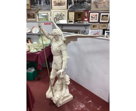 A Large Plaster Statue of Archangel Michael, standing on the head of the Devil and holding a spear, 130cm high.