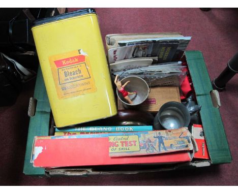Greetings Cards, pewter flasks, viewer, microscope, driving test game, tins, barometer, happynak seaside etc:- One Box