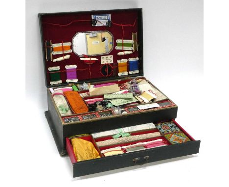 French Needlework Box Circa Early XX Century, housing sequins, beads, pins, etc, 40.5cm wide.