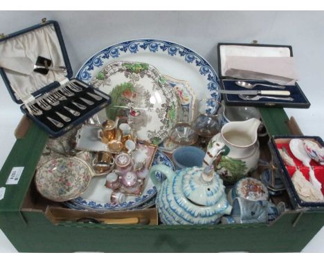 Blue/ White Meat Plate, Wedgwood jug, plated cutlery, miniature tea-service:- One Box.