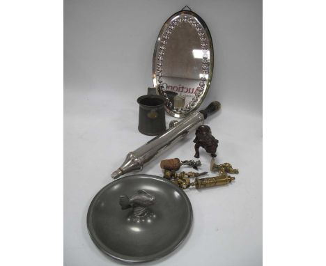 Oval Bevelled Glass Wall Candle Mirror 30 x 18cm, syringes, Just Denmark nut bowl with dolphin handle, Spelter bulldog, 10cm 