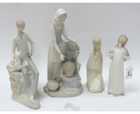 Nao Pottery Figures - Girl filling ewers at a well and a boy seated on a rock with a dog on his knee; Lladro figure of a youn