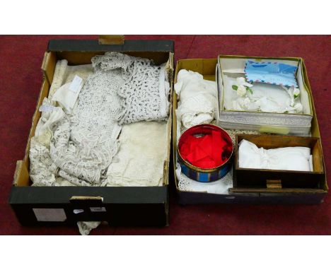 A Piece of Needlepoint Lace, crochet work and machine lace trim in various widths and lengths, a white rose coronet:- Two Box