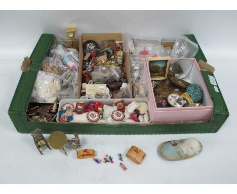 Dolls House Fittings, including cushions, baskets, furniture, tea service, plates, pictures, etc:- One Box.