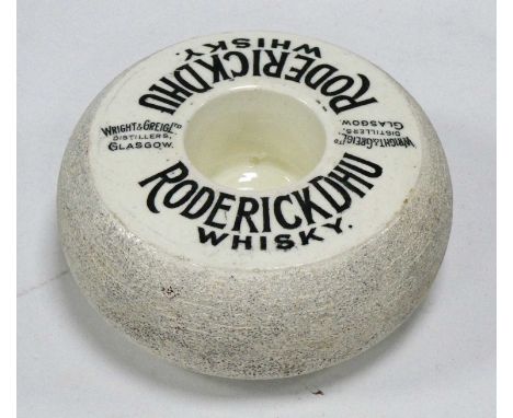 Advertising Brownlie of Glasgow Pottery Vesta Holder/Striker for Roderick Dhu Whisky, Wright &amp; Greig, Distillers, 12cm di