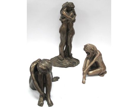 A Frith Sculpture Bronzed Model 'Sara', BC019, nude female with long hair in reflective pose, another, embrace, paper label t
