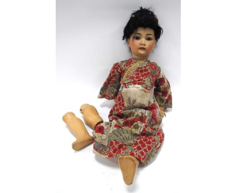 Simon &amp; Halbig Oriental Girl Pottery Headed Doll, '1329' (two fingers absent), approximately 56cm high.Many areas of loss