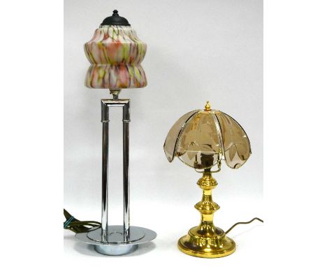 A Tall Mid 1900's Art Deco Style Table Lamp (23" high) - twin chrome tubing on chrome base with period mottled glass shade pl
